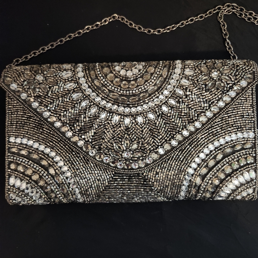 Pewter Art Deco Crystal And Beaded Envelope Purse - Picture 2 of 7